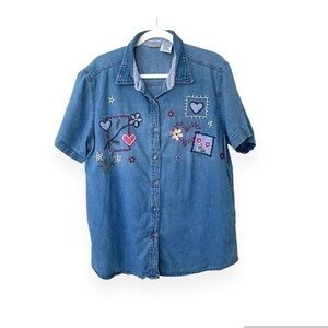 Vintage Embroidered Floral Denim Short Sleeve Shirt Size XL(16/18)